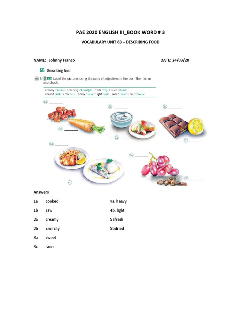Book Work - Week 2 - Day 2 - Unit 6B Describing Food - Comparatives and ...