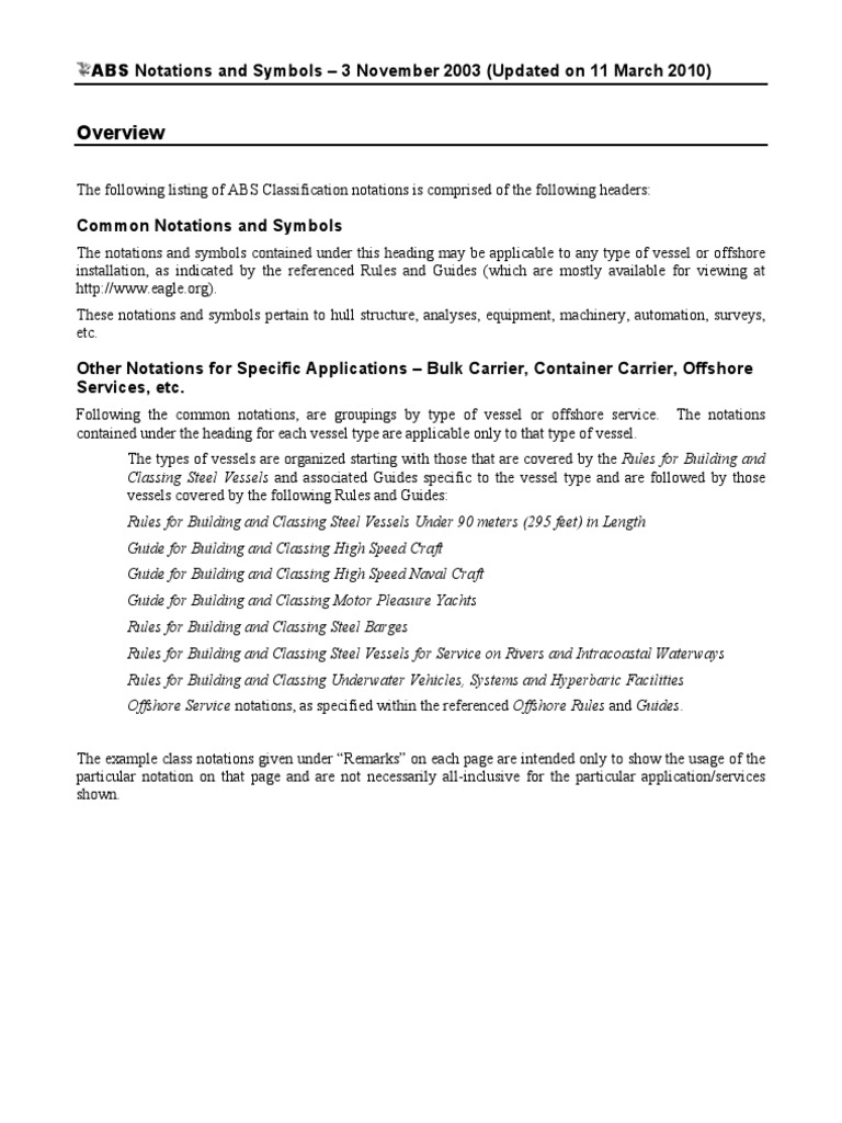 ABS Classification Notations Overview | PDF | Offshore Drilling | Water ...
