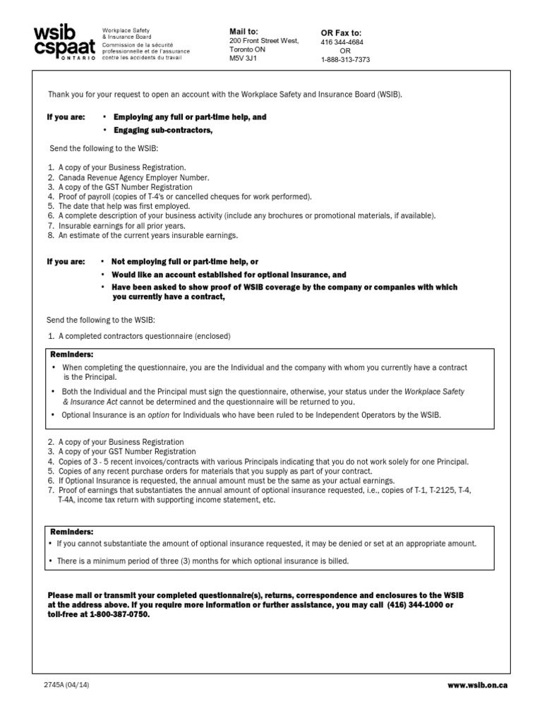 WSIB Account Opening Instructions | PDF | Insurance | Business