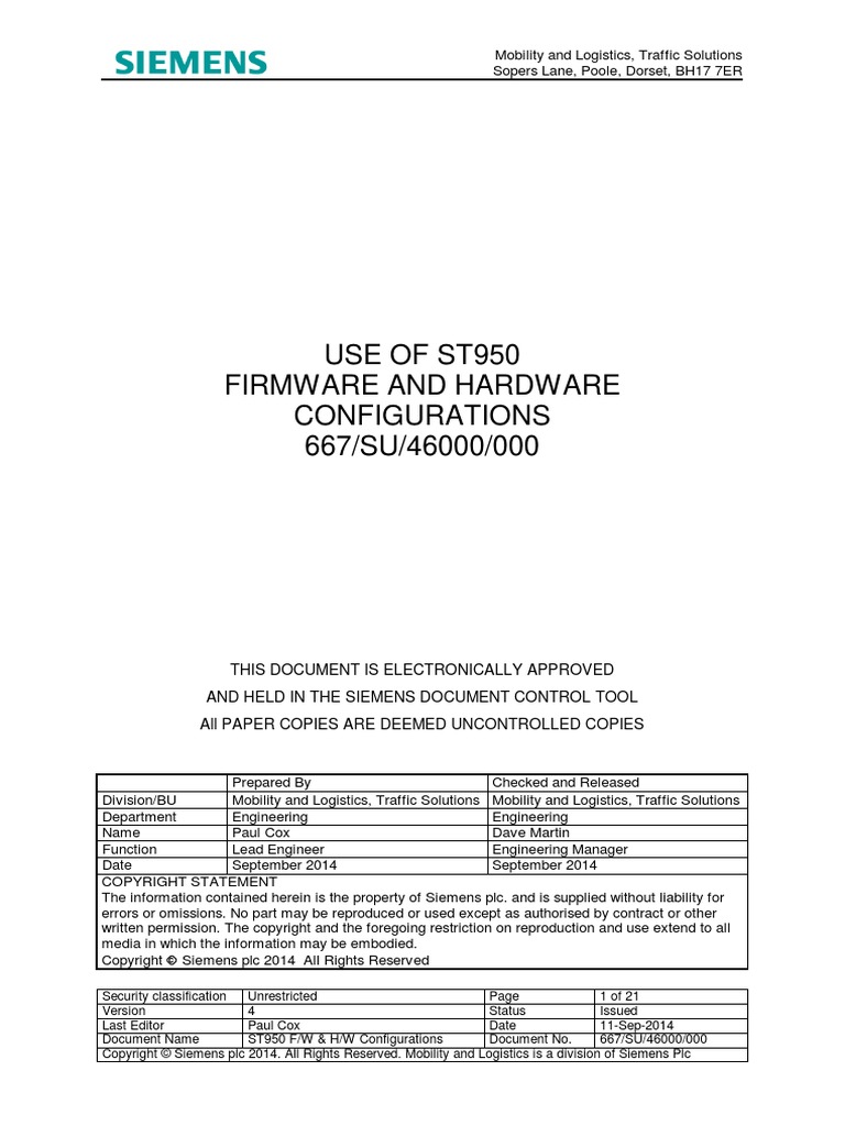 Use of St950 Firmware and Hardware Configurations 667/SU/46000/000 ...