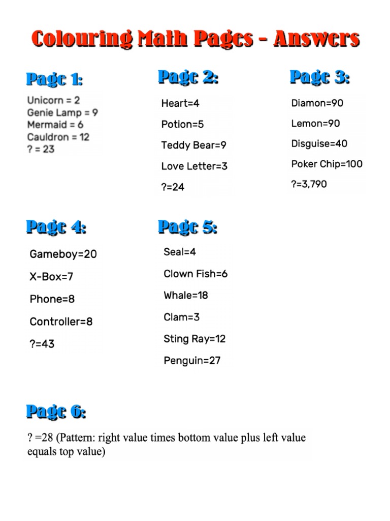 Colouring Math Pages - Answers | PDF