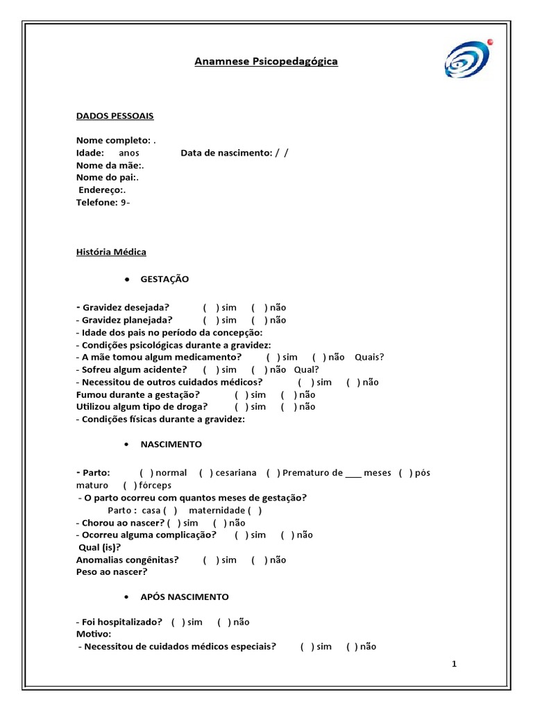 Anamnese completa -psicopedagoga  Anamnese, Ficha anamnese, Psicopedagogia  atividades