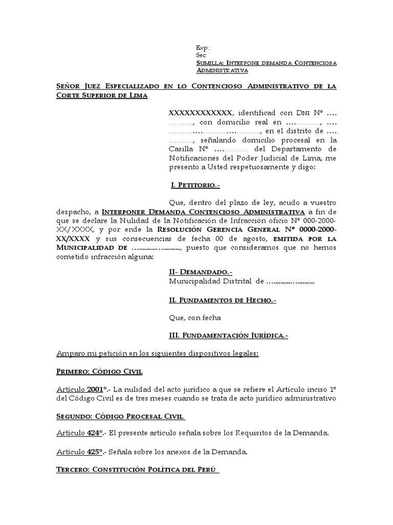 Modelo de Demanda Contencioso Administrativo | Demanda judicial | Ley procesal