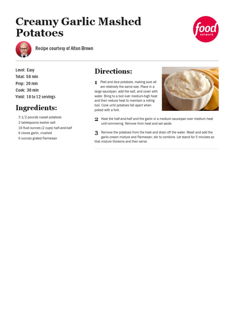 Creamy Garlic Mashed Potatoes Recipe Alton Brown Food Network PDF