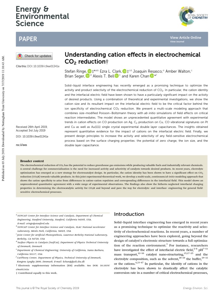 Paper: Understanding Cation Effects in Electrochemical CO Reduction ...