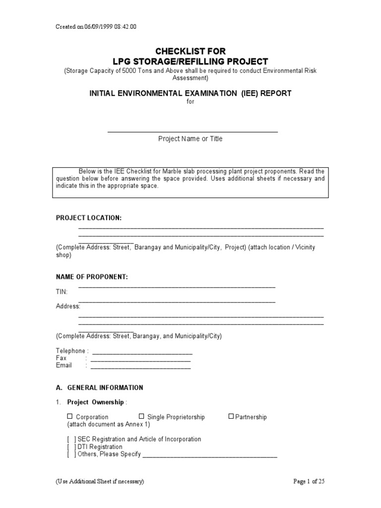 Checklist For LPG Storage/Refilling Project Initial Environmental
