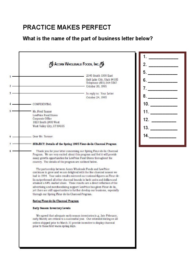 Practice Parts of Business Letter PDF