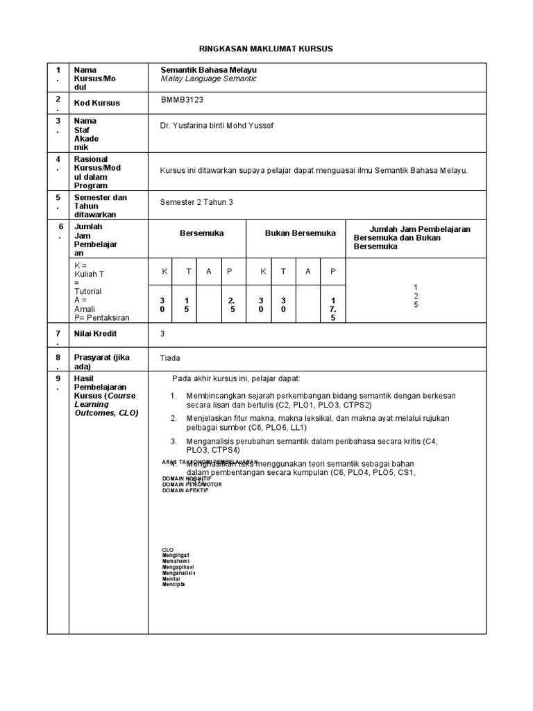 Kursus Semantik Bahasa Melayu BMMB3123 | PDF