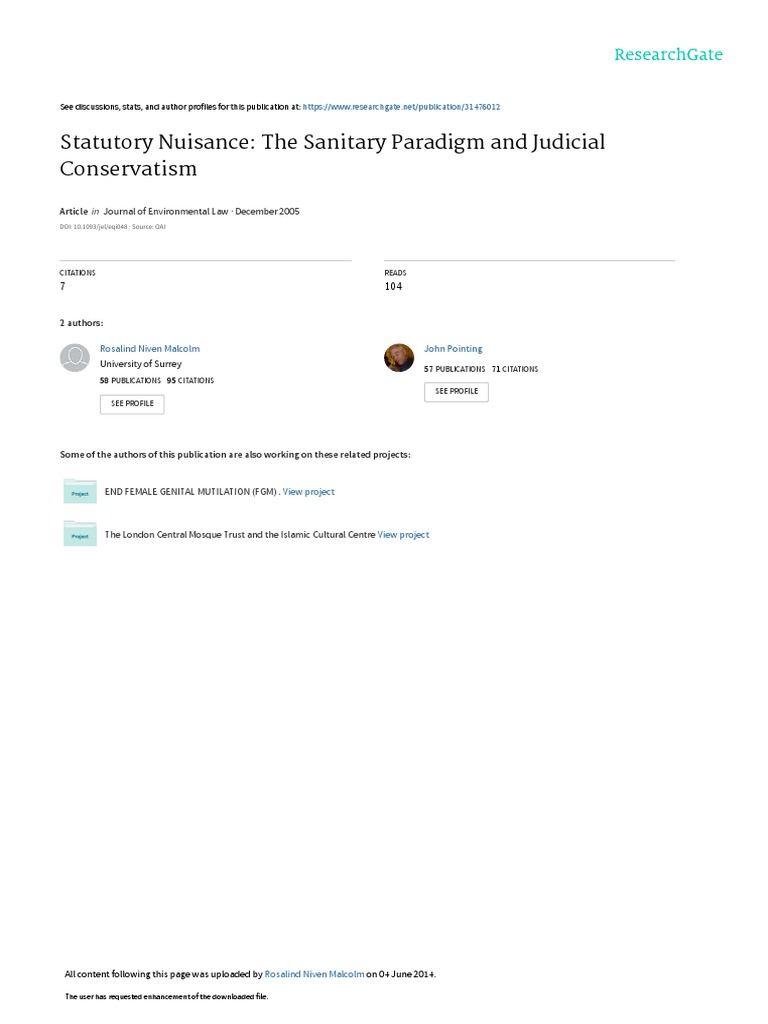 Statutory Nuisance The Sanitary Paradigm Judicial Conservatiism PDF