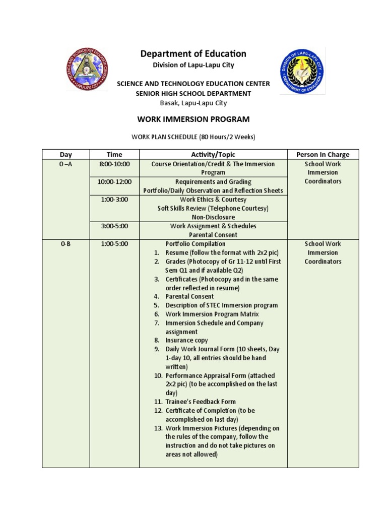 Work Immersion Program Schedule | PDF | Behavior Modification | Cognition