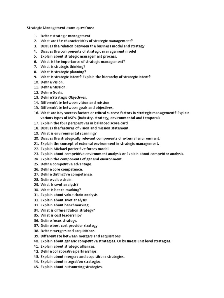 Strategic Management Exam Questions Guide | PDF | Strategic Management ...