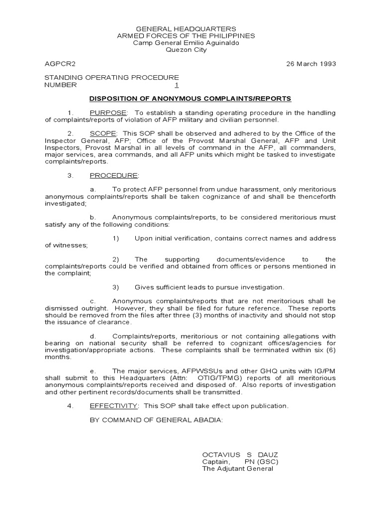 SOP NR 1 (Disposition of Anonymous Complaints or Reports) Download