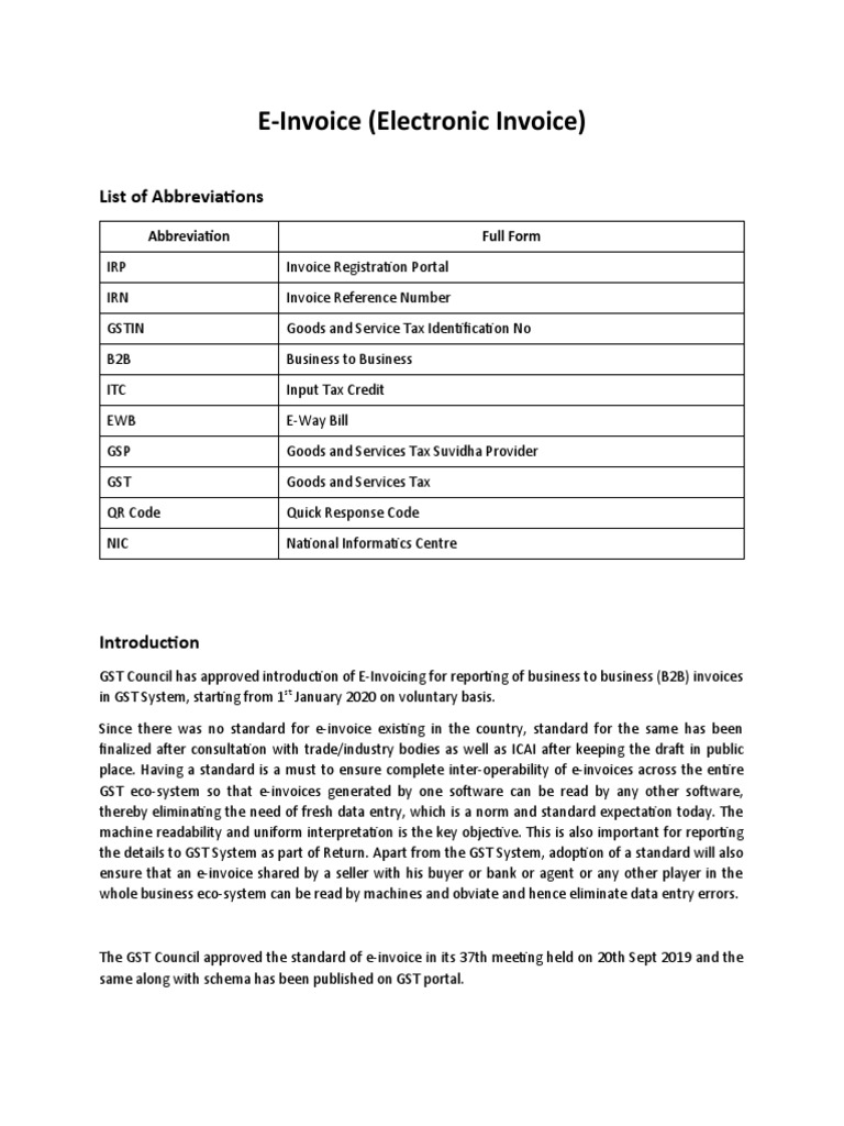 EInvoice (Electronic Invoice) List of Abbreviations PDF Invoice
