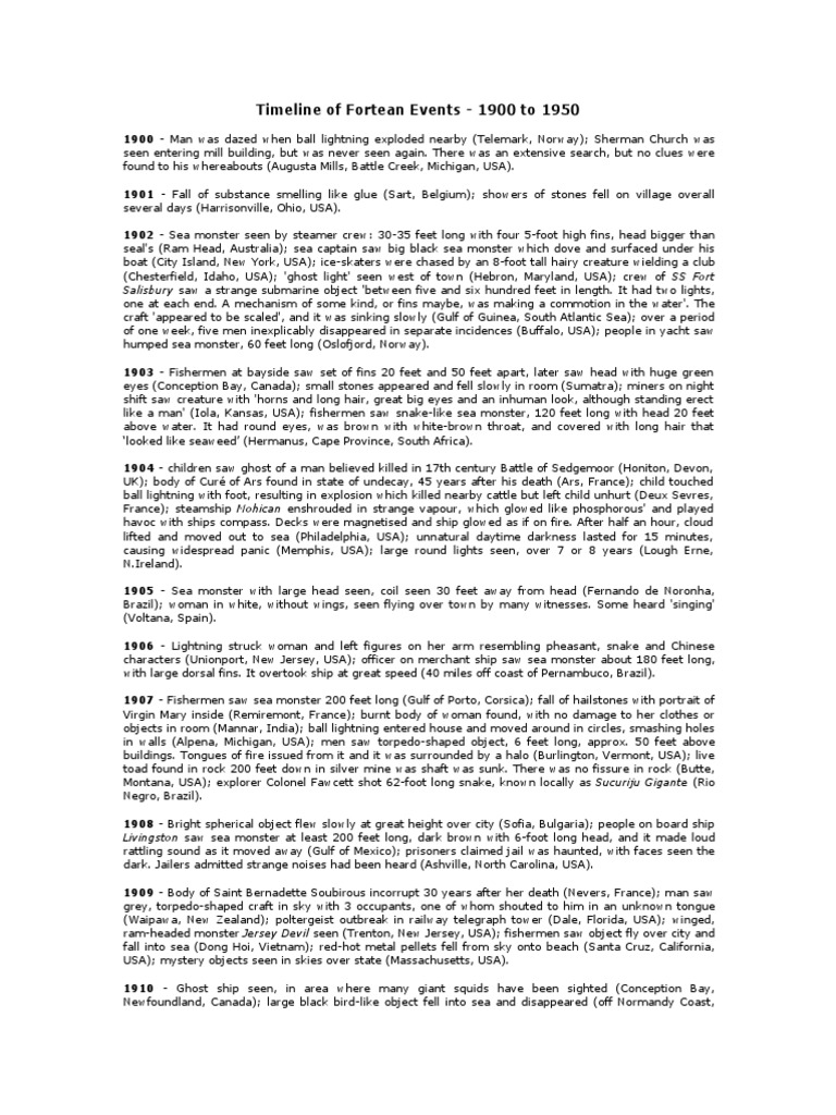 CoC - Timeline of Fortean Events - 1900 To 1950 PDF | PDF