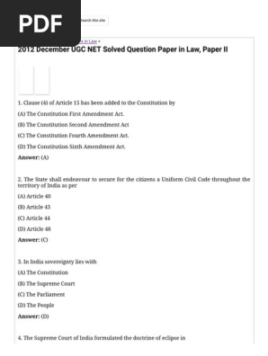 2012 December UGC NET Solved Question Paper in Law, Paper II - Free Online NTA UGC NET Guide Book December 2019