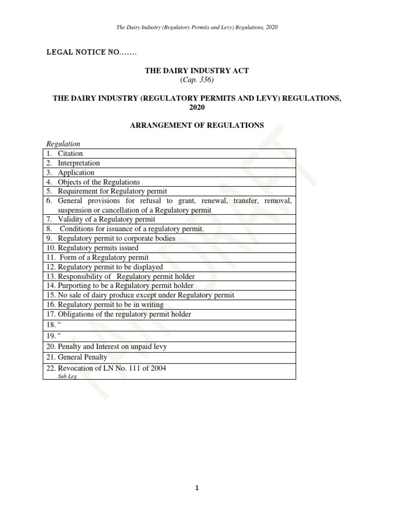 Legal Notice No . The Dairy Industry Act Regulation Download Free PDF Dairy Interest