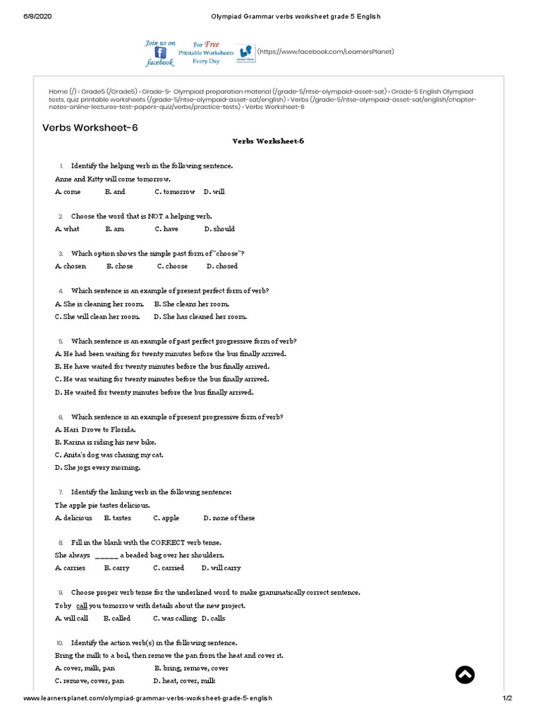 olympiad grammar verbs worksheet grade 5 english pdf verb english language