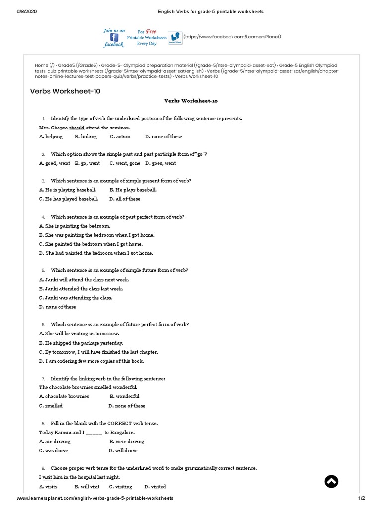 English Verbs For Grade 5 Printable Worksheets | PDF | Verb | Semiotics, image size:768x1024