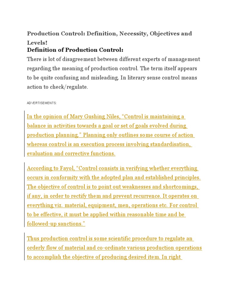 Production Control Definition NecessityObjectives PDF Business