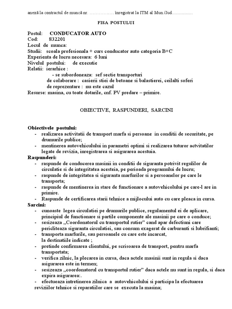 Fisa Post - Conducator Auto | PDF