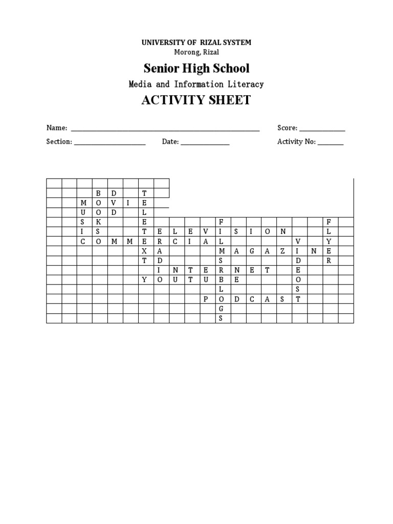 SHS MIL Crossword Activity PDF