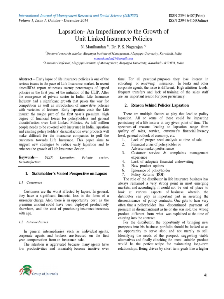 Lapsation in Unit Linked Insurance Policies | PDF | Life Insurance ...