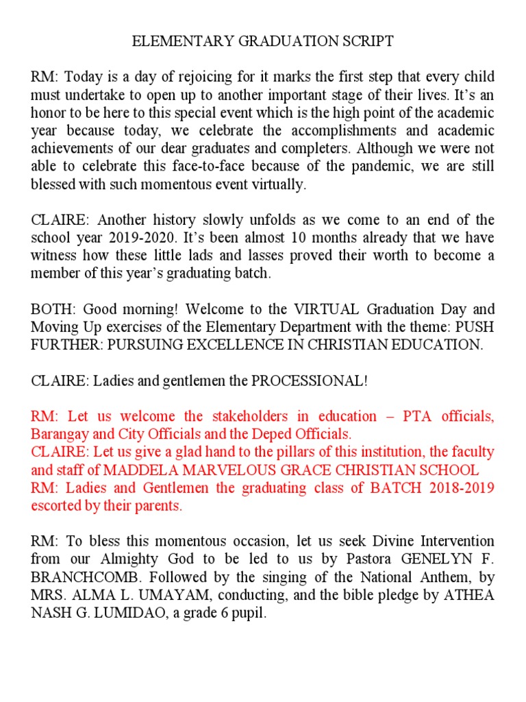 Elementary Graduation Script Pdf Schools
