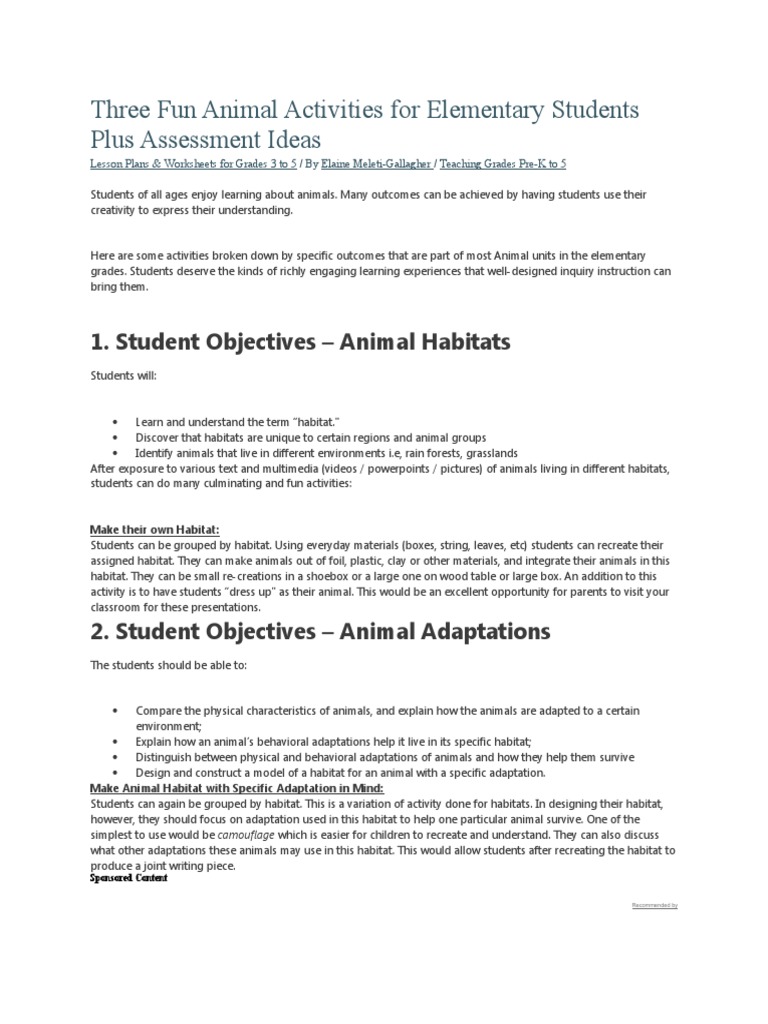 Three Fun Animal Activities For Elementary Students Plus Assessment