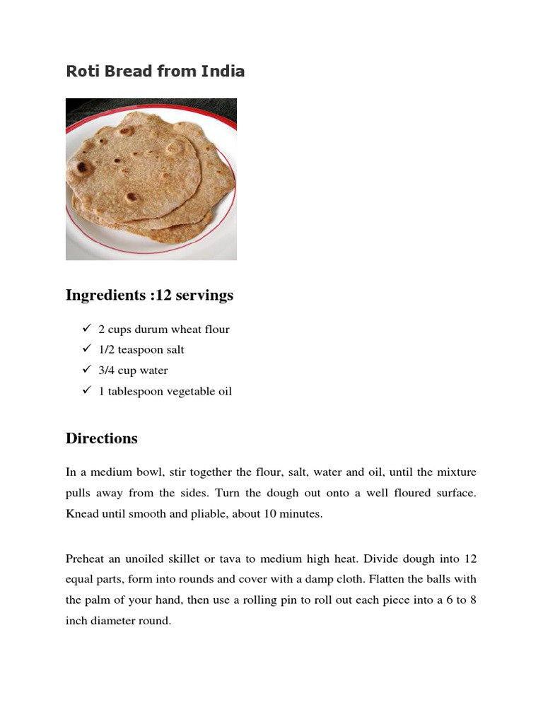 Roti Bread From India: Ingredients:12 Servings | PDF | Home & Garden