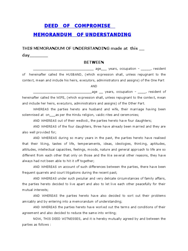 Deed of Compromise PDF Wife Marriage