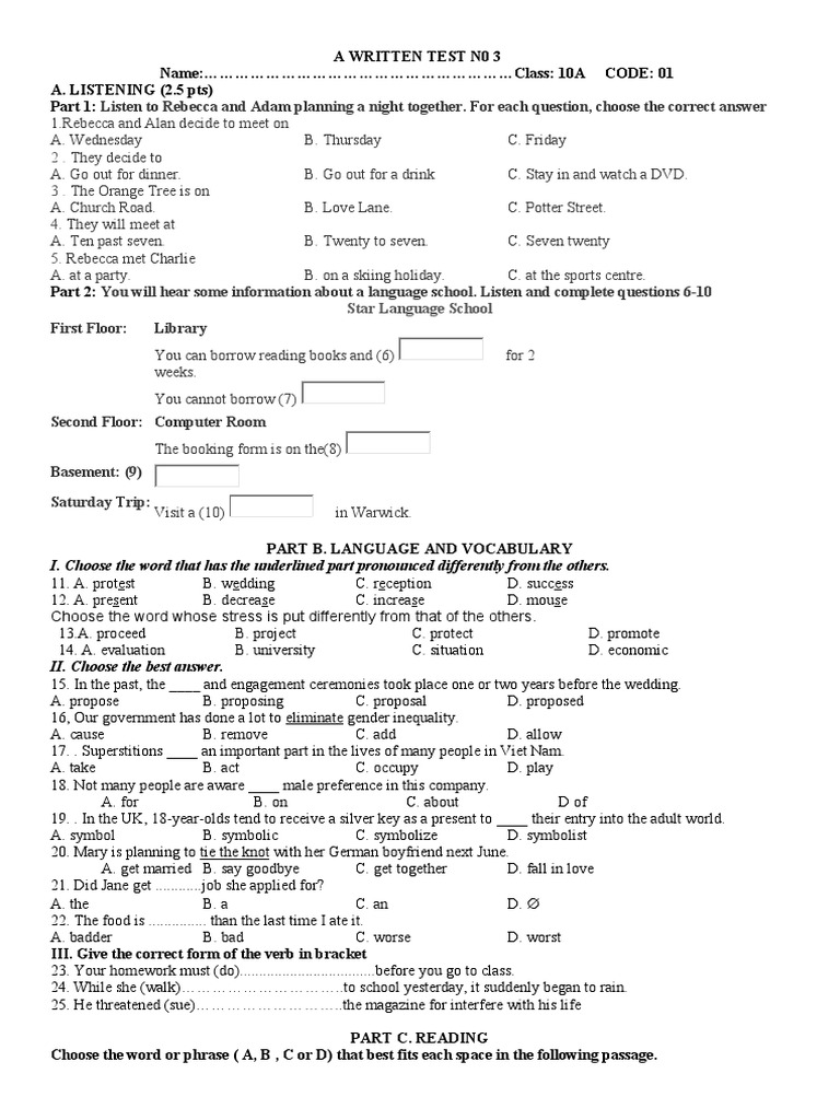 Listening and Language Test for 10A | PDF | Social Science | Language ...