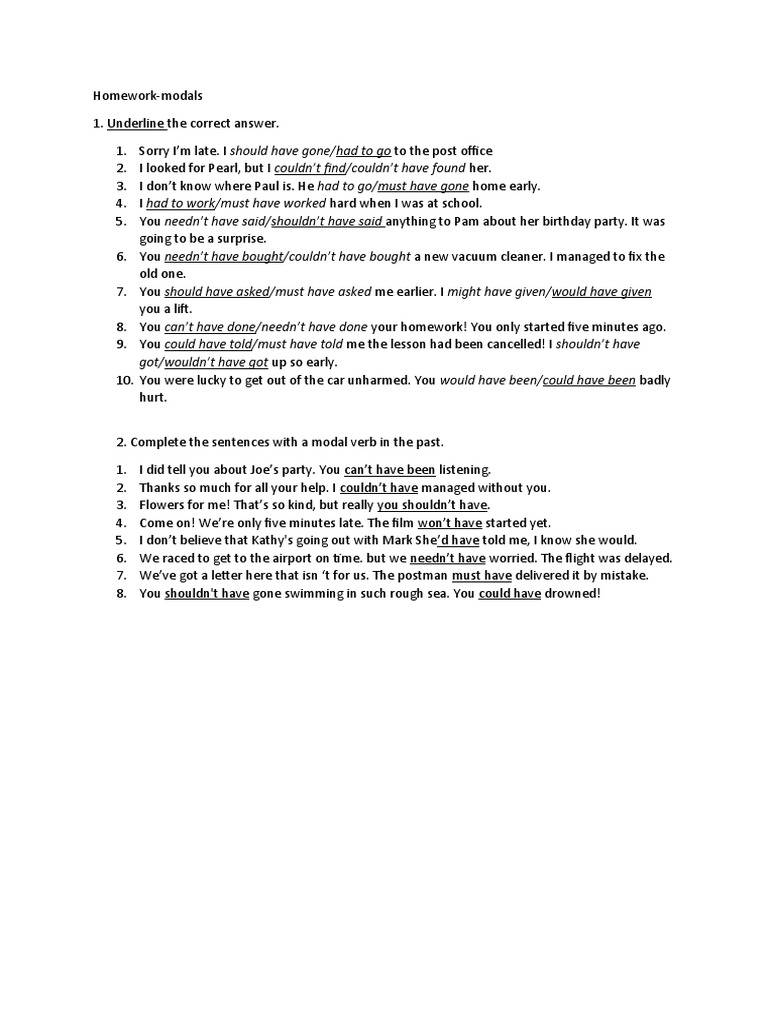 Homework Exercises on Modal Verbs | PDF | Cooking, Food & Wine