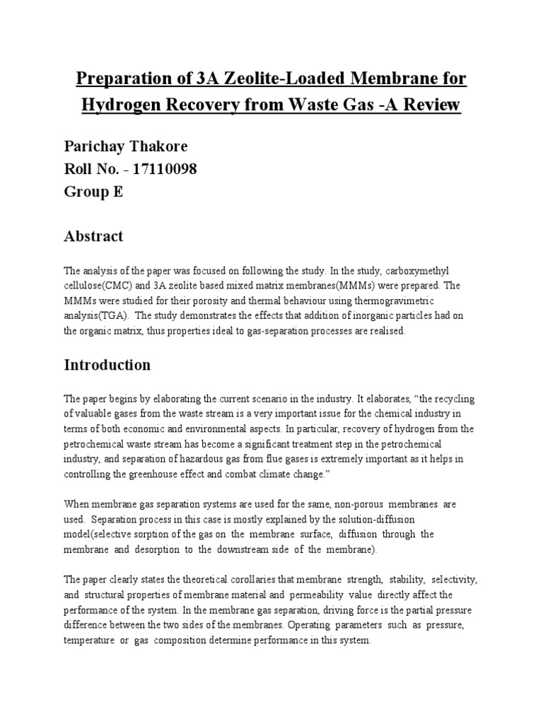 3A Zeolite Membrane for Hydrogen Recovery | PDF | Polymers | Membrane
