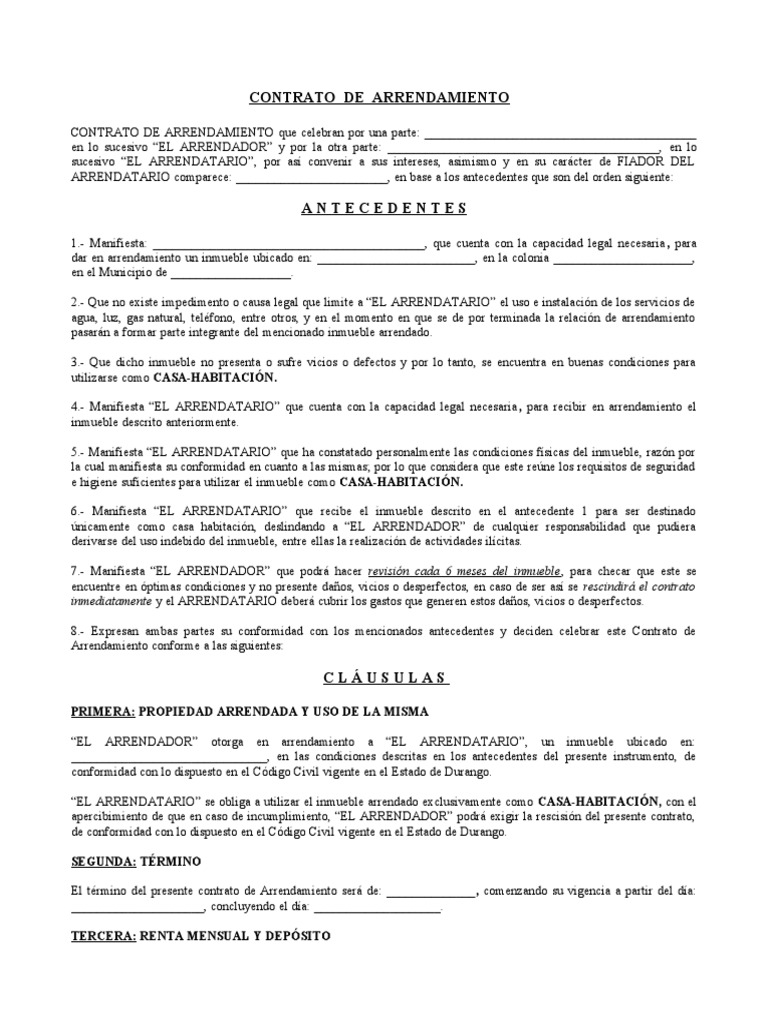 Formato de Contrato Arrendamiento Casa Habitacion PDF Alquiler