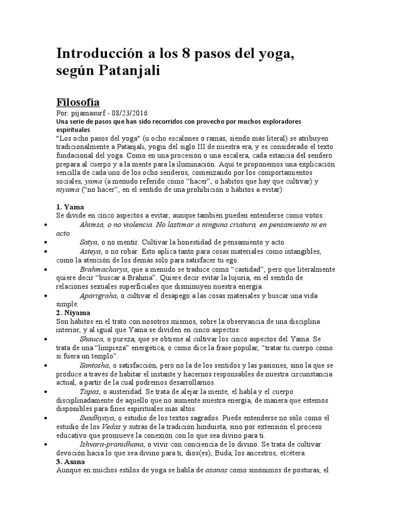 Ocho pasos del yoga según Patanjali | PDF | Meditación | Yoga