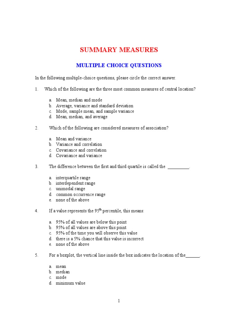 Summary Measures and Multiple Choice Questions | PDF | Median | Mode ...