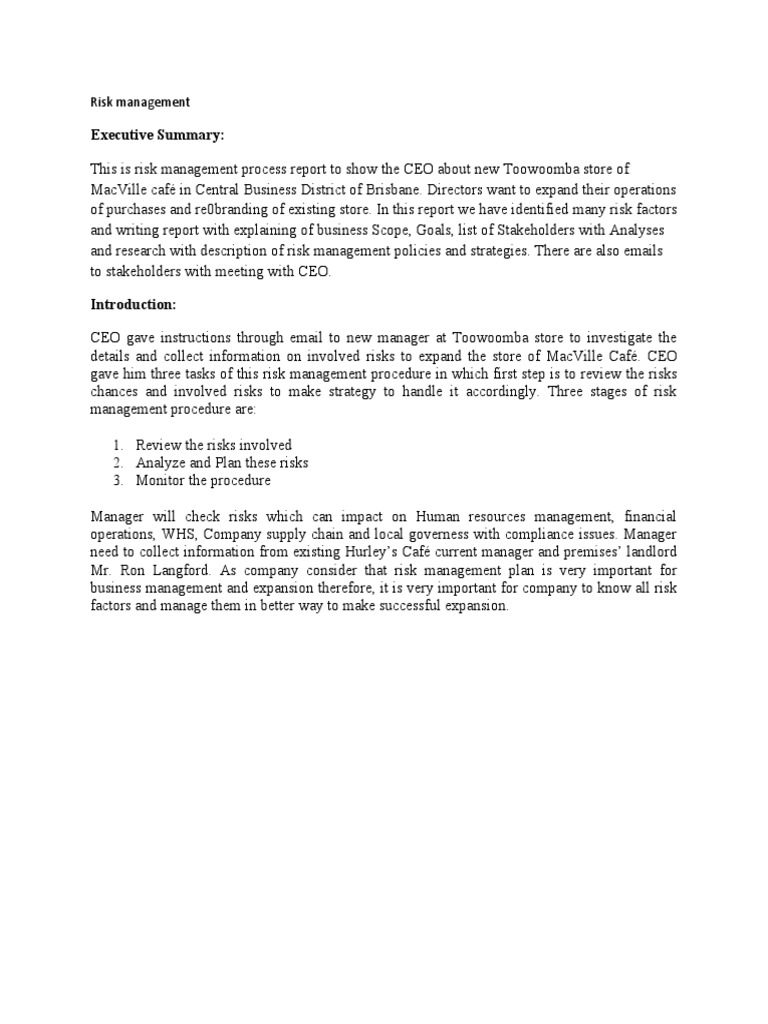 Executive Summary:: Risk Management | PDF | Risk Management | Chief ...