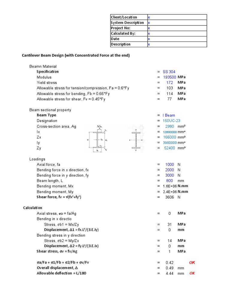 Cantilever Beam Design Calculation | PDF | Bending | Beam (Structure)