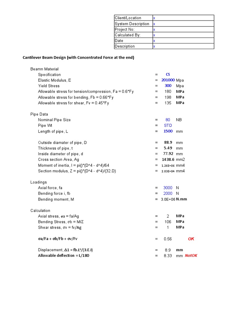 Cantilever Beam Design Calculations | PDF | Bending | Beam (Structure)