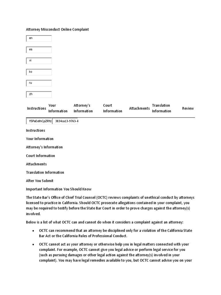 Attorney Misconduct Online Complaint PDF State Bar Of California