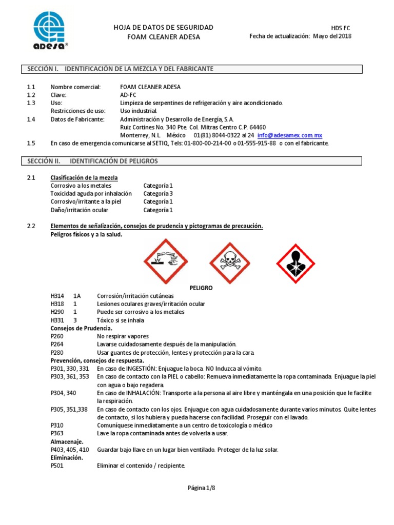 Hoja de Datos de Seguridad Foam Cleaner Adesa Sección I