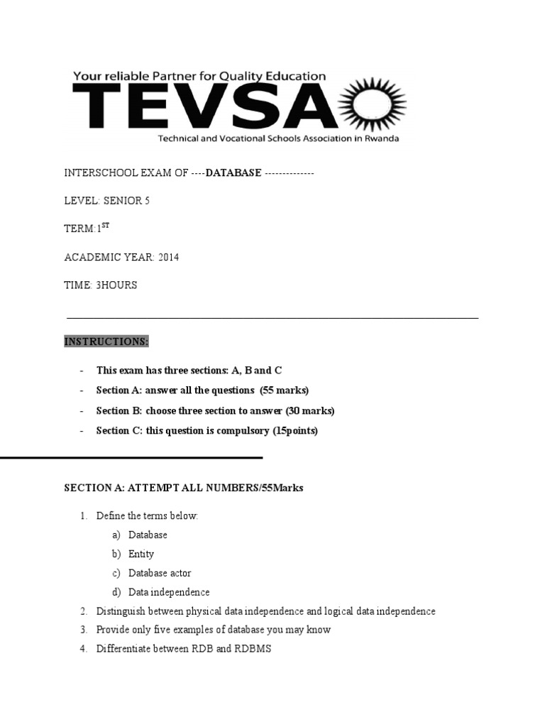 Database Exam For Senior Five Computer Science | PDF | Relational ...