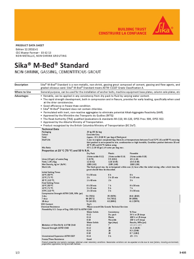 Sika® M-Bed® Standard: Non-Shrink, Gassing, Cementitious Grout | PDF ...