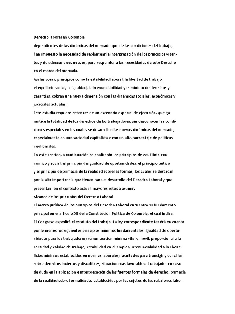 Principios del Derecho Laboral en Colombia | PDF | Derecho laboral ...