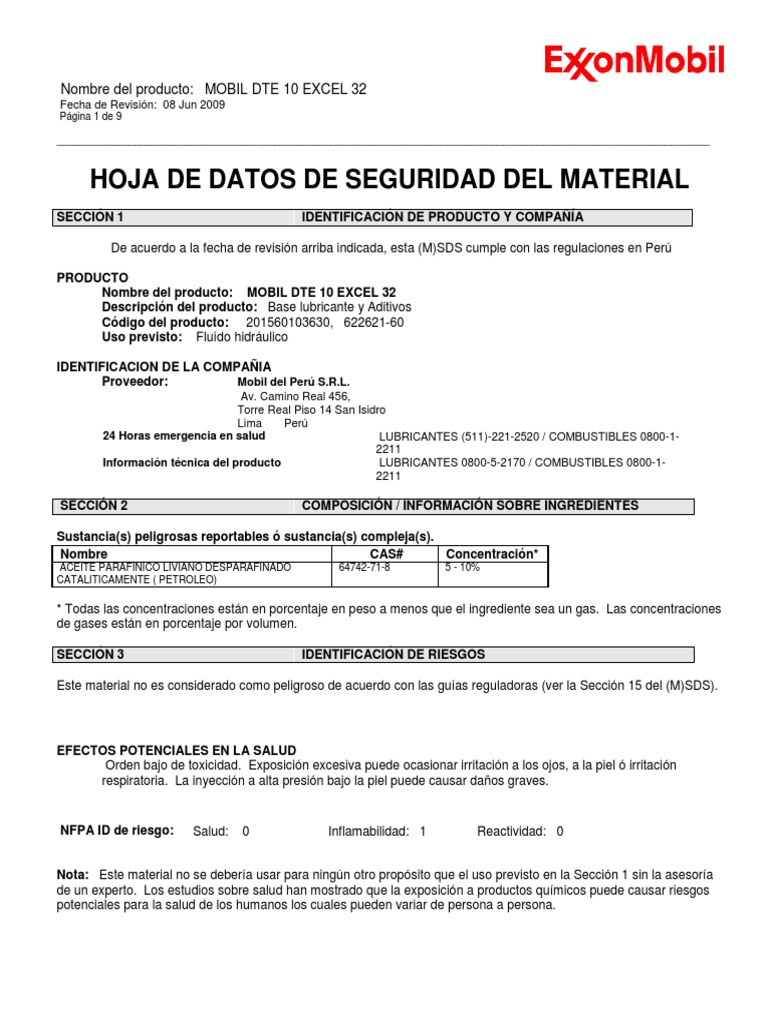 Aceite hidr ulico hydracrowd mobil dte 10 excel 32 msds pdf pdf