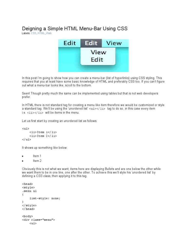 Deigning A Simple HTML and CSS Menu Bar | PDF | Html Element ...