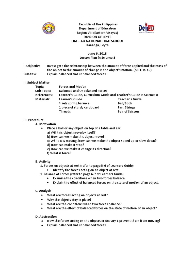 Forces and Motion Lesson Plan for Grade 8 | PDF | Newton's Laws Of ...