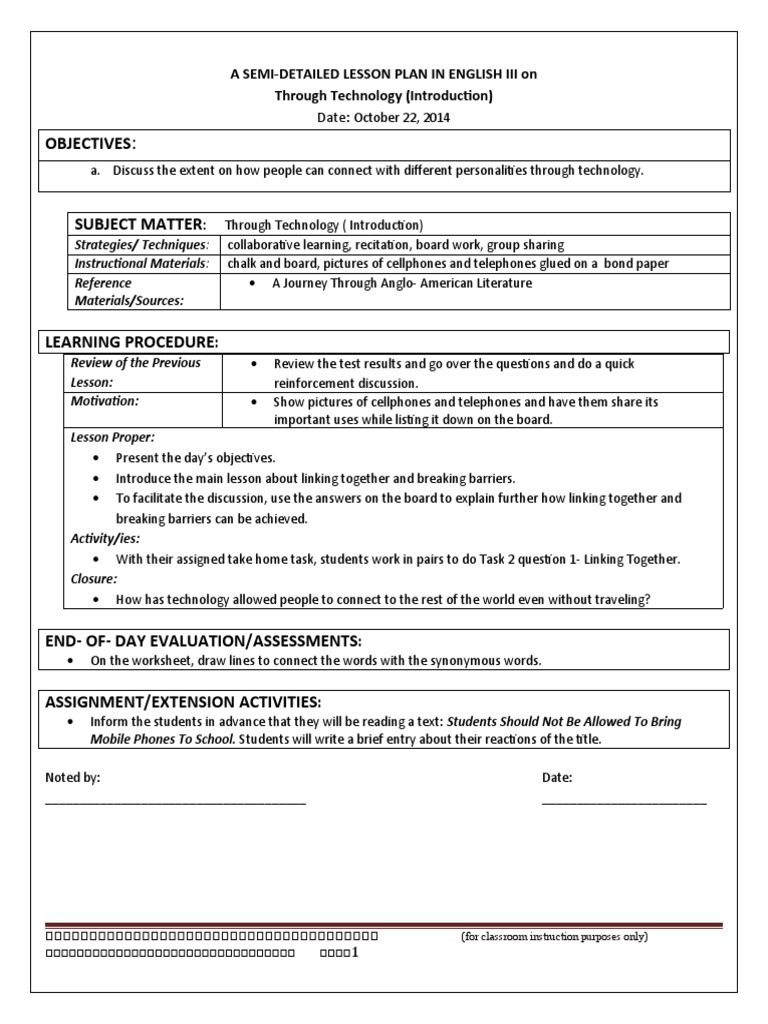 Objectives: A Semi-Detailed Lesson Plan in English Iii On Through ...