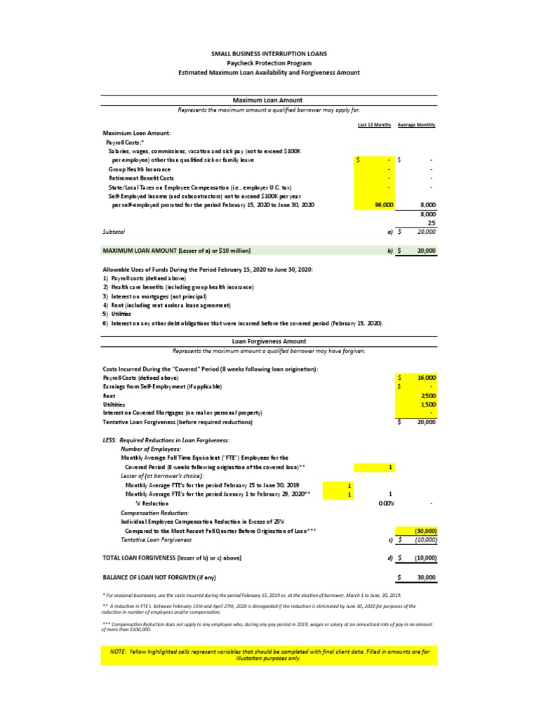 SBA PPP Loan Calculator CARES Act PDF Payroll Payments