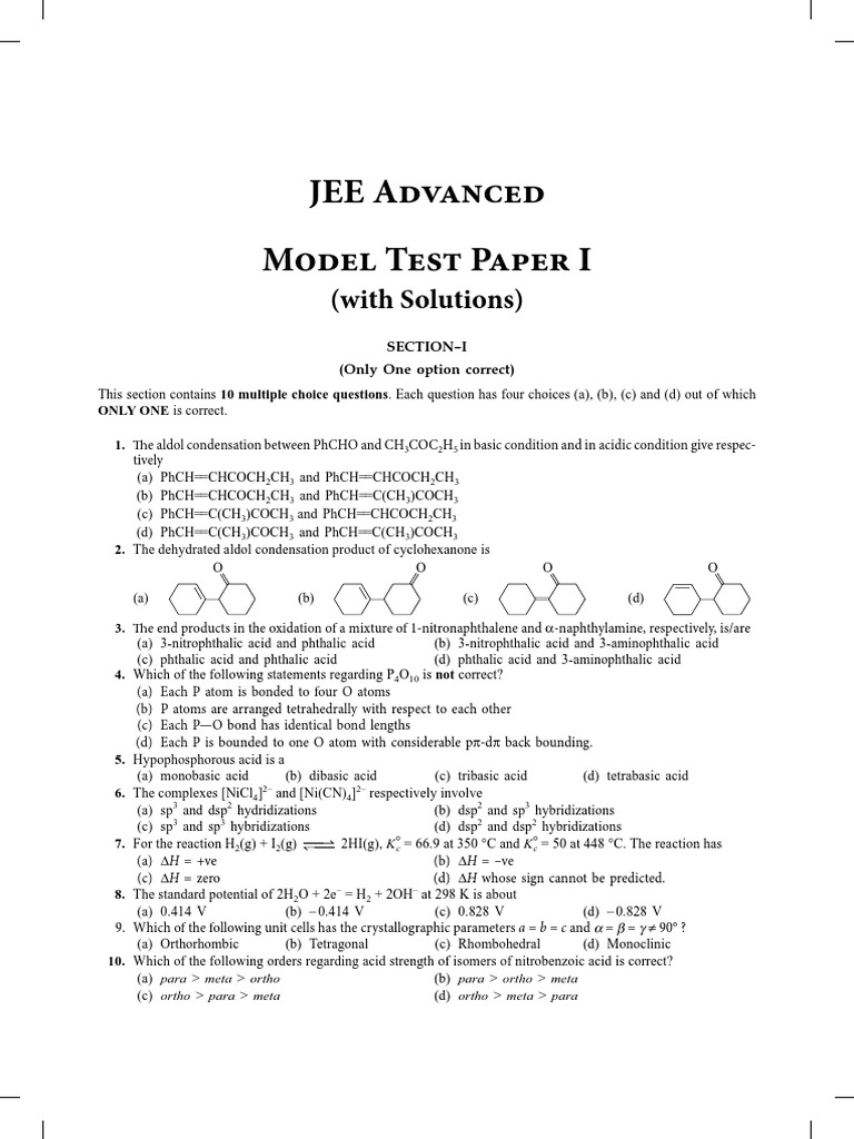 JEE Advanced Model Test Paper I: (With Solutions) | PDF | Chemical Bond ...